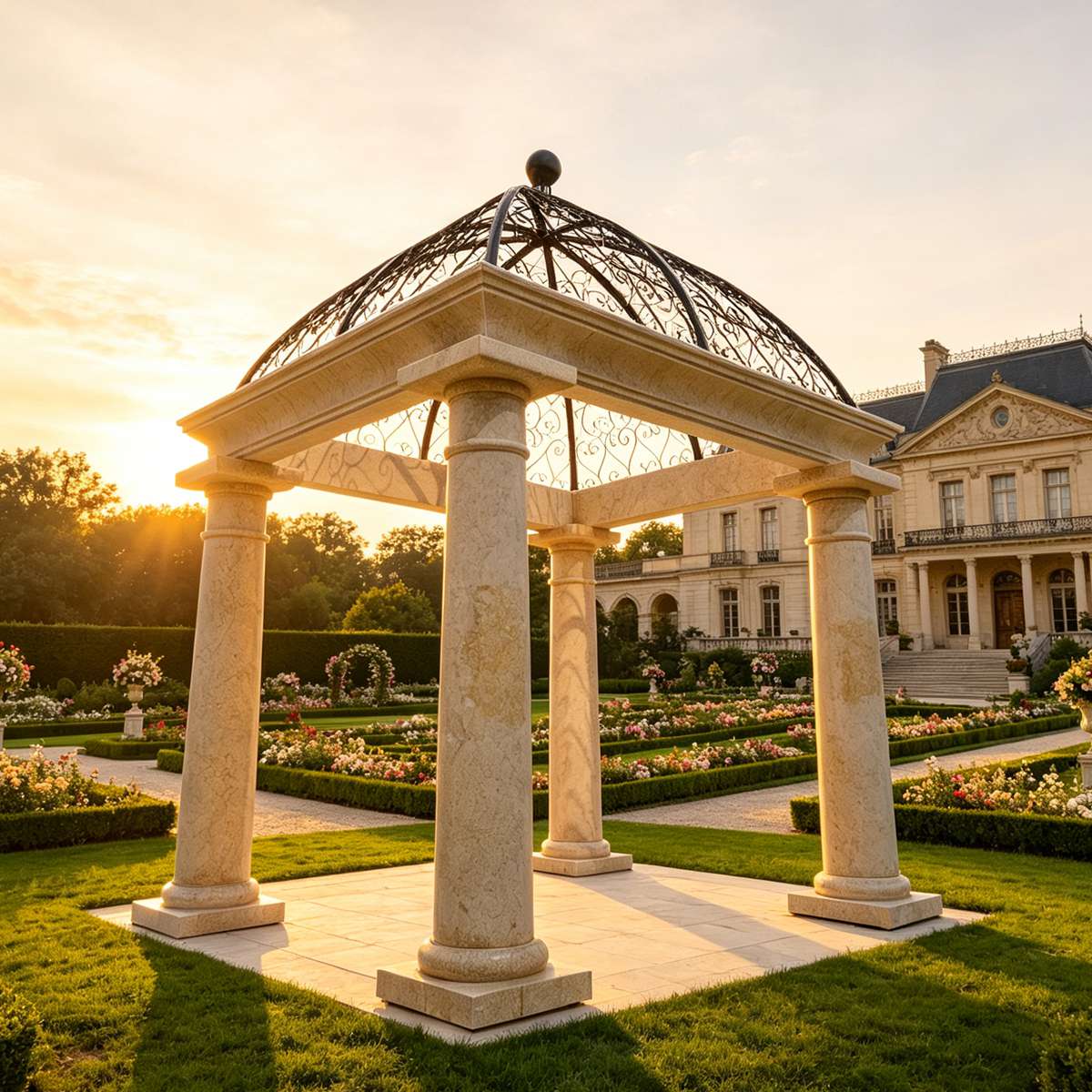 Luxury European Style Natural Stone Beige Gazebo with Iron Dome
