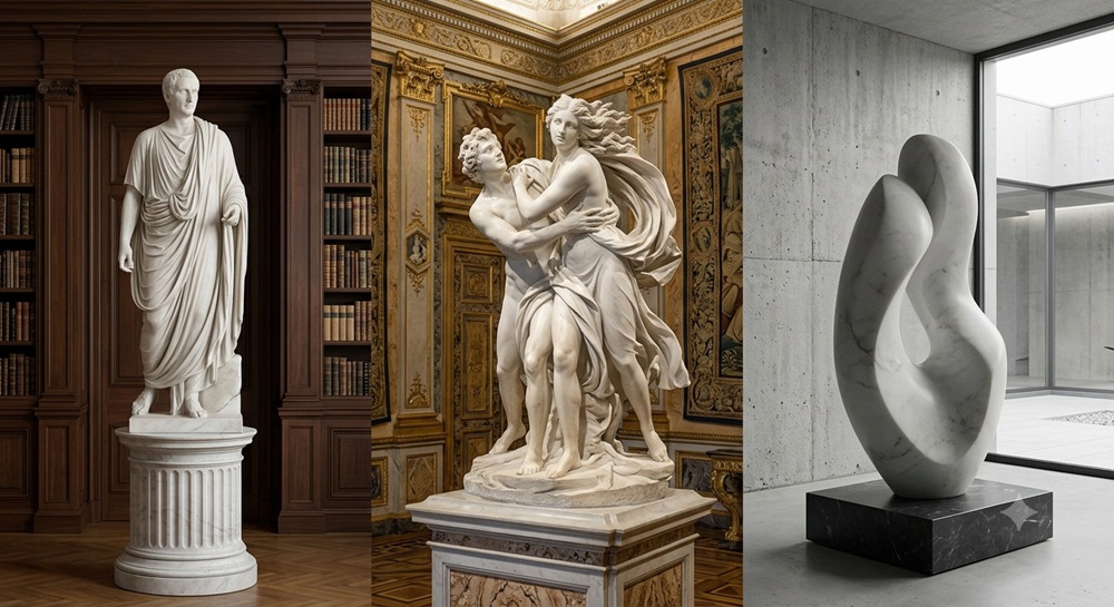 Comparaison de sculptures en marbre classiques romaines, baroques dynamiques et abstraites modernes