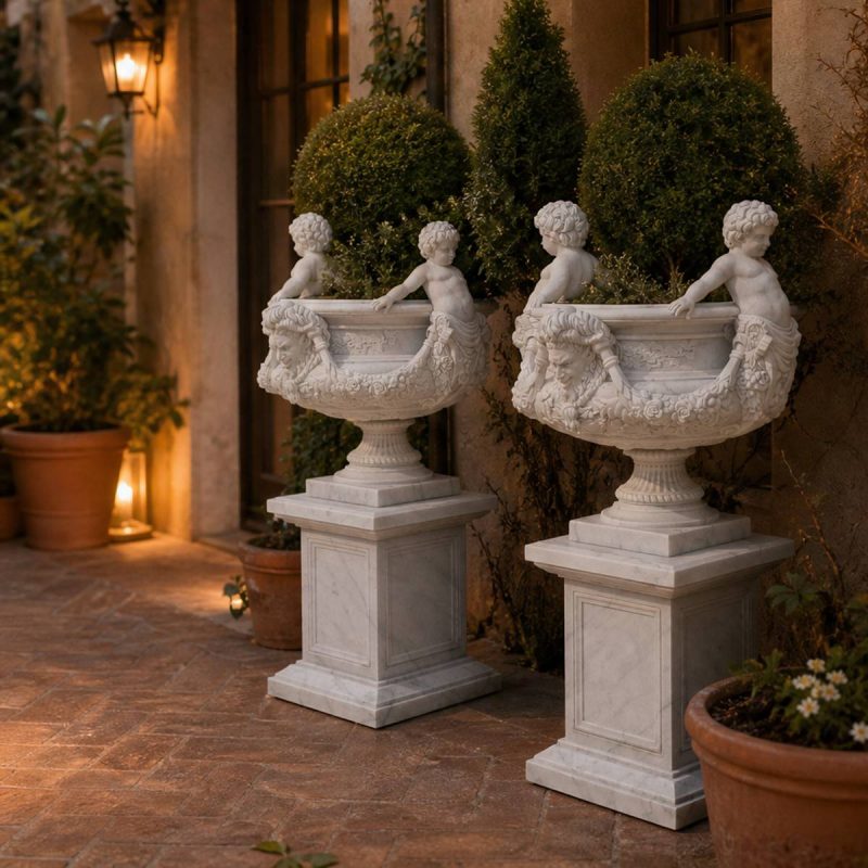 Hand-Carved Marble Garden Urn with Figural Boys