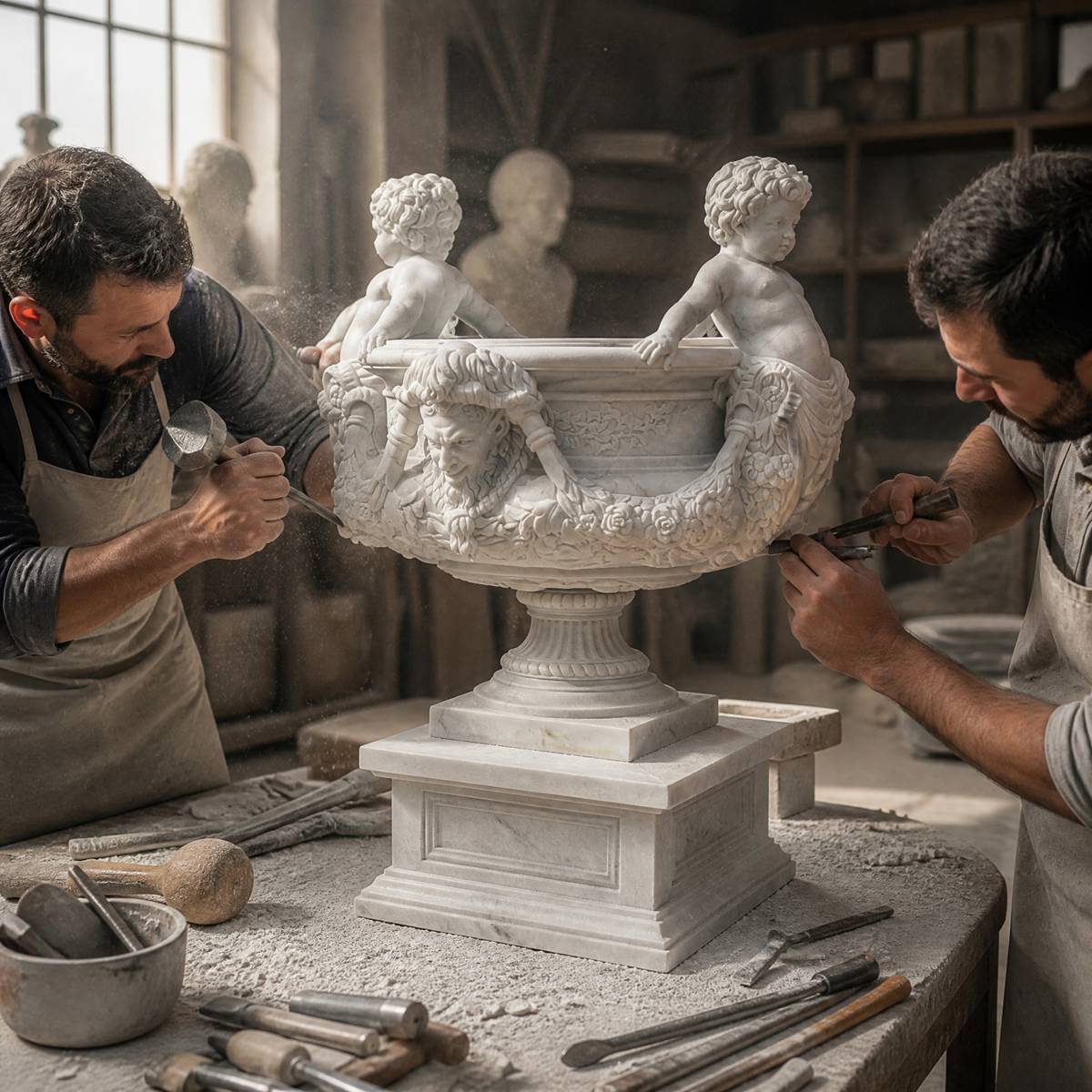 Hand-Carved Marble Garden Urn with Figural Boys