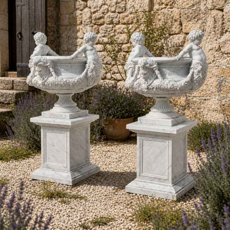 Hand-Carved Marble Garden Urn with Figural Boys
