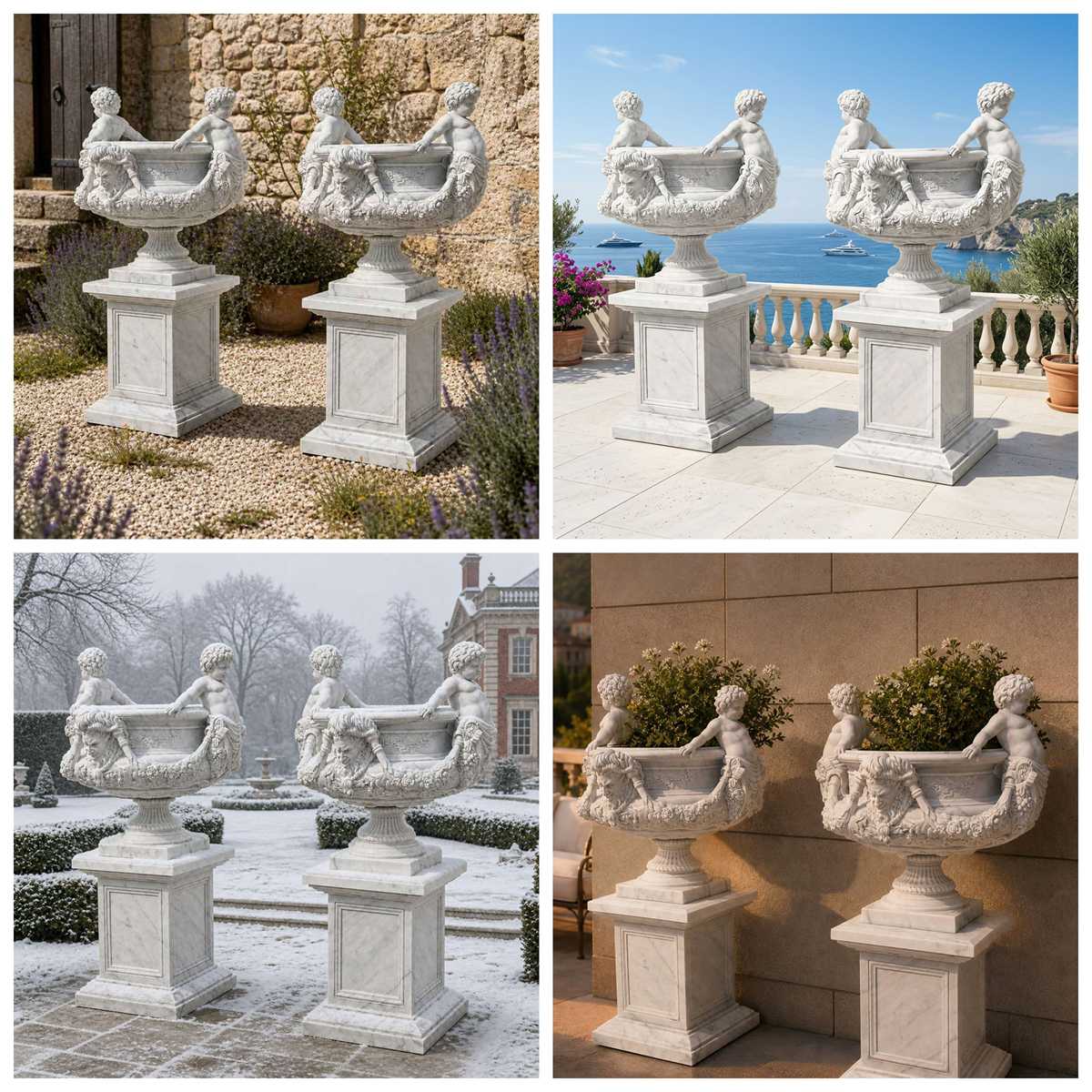 Hand-Carved Marble Garden Urn with Figural Boys