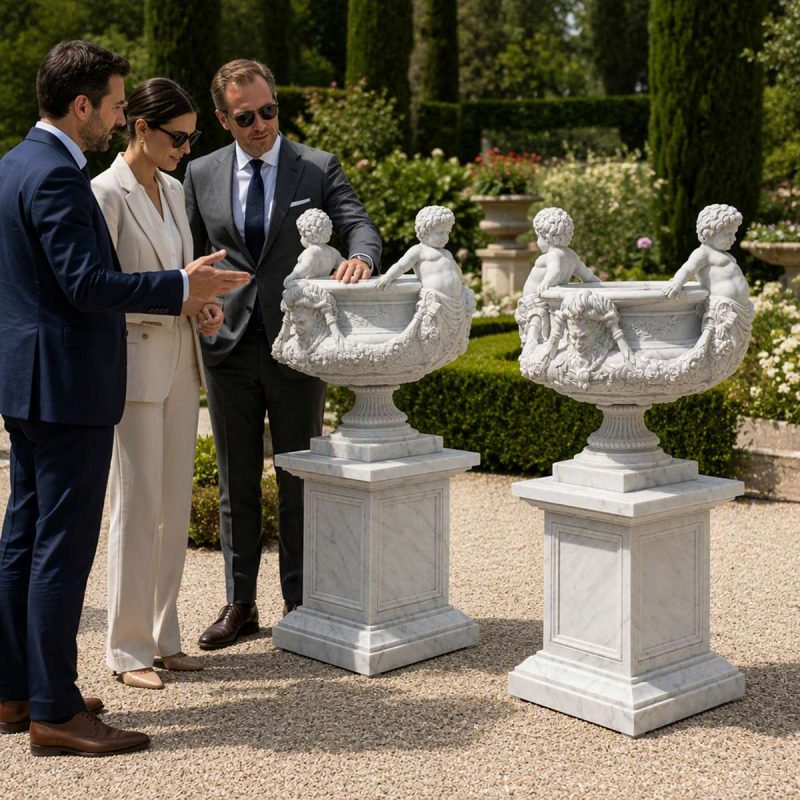Hand-Carved Marble Garden Urn with Figural Boys