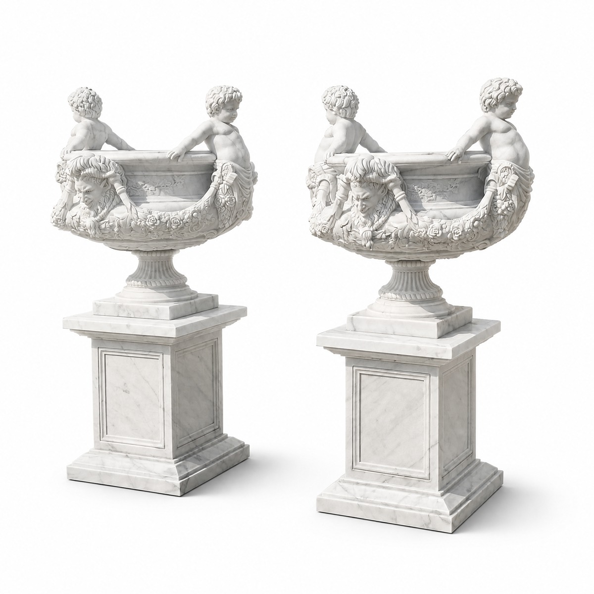 Hand-Carved Marble Garden Urn with Figural Boys