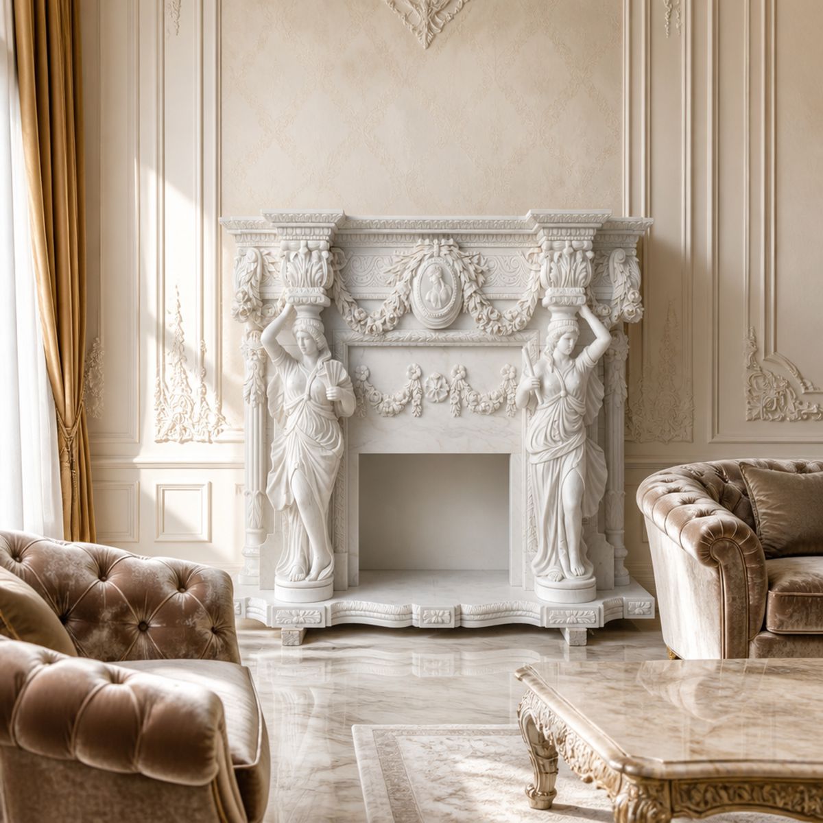 Hand-Carved Natural Marble Mantelpiece