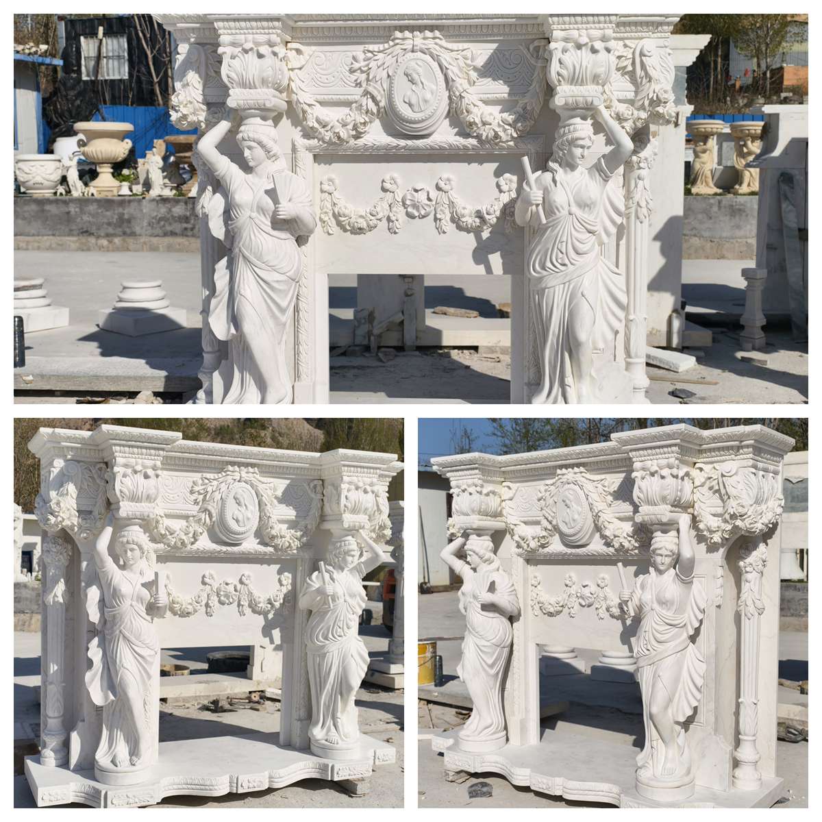 vivid Hand-Carved Natural Marble Mantelpiece