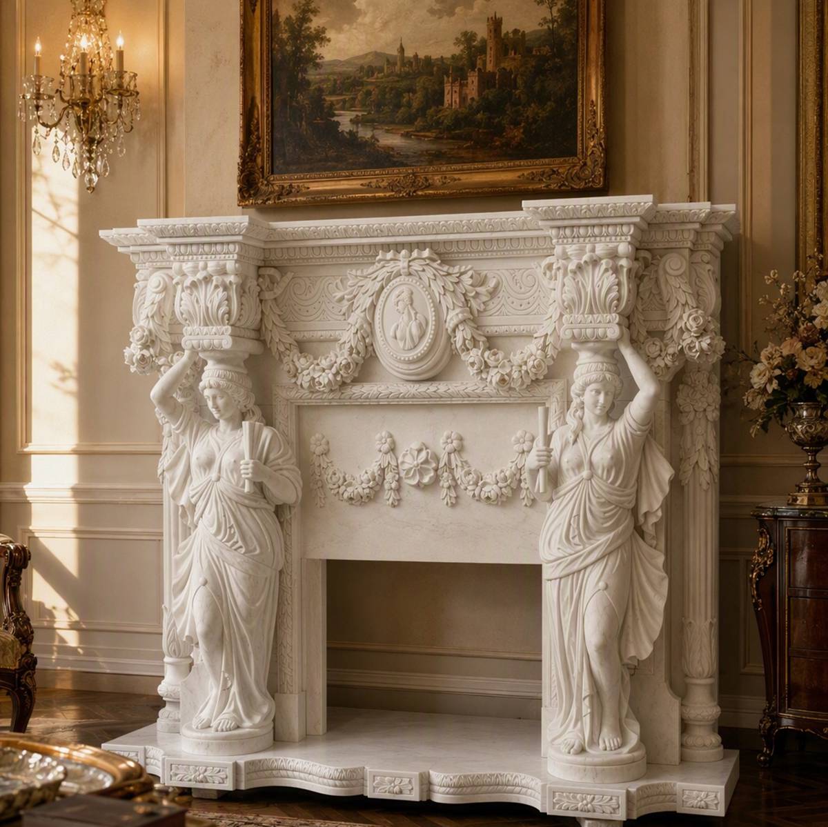 Hand-Carved Natural Marble Mantelpiece