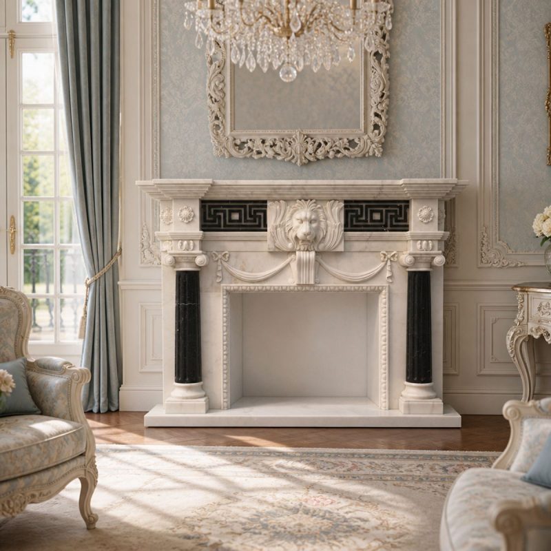 Neoclassical Lion Head Marble Fireplace Mantel