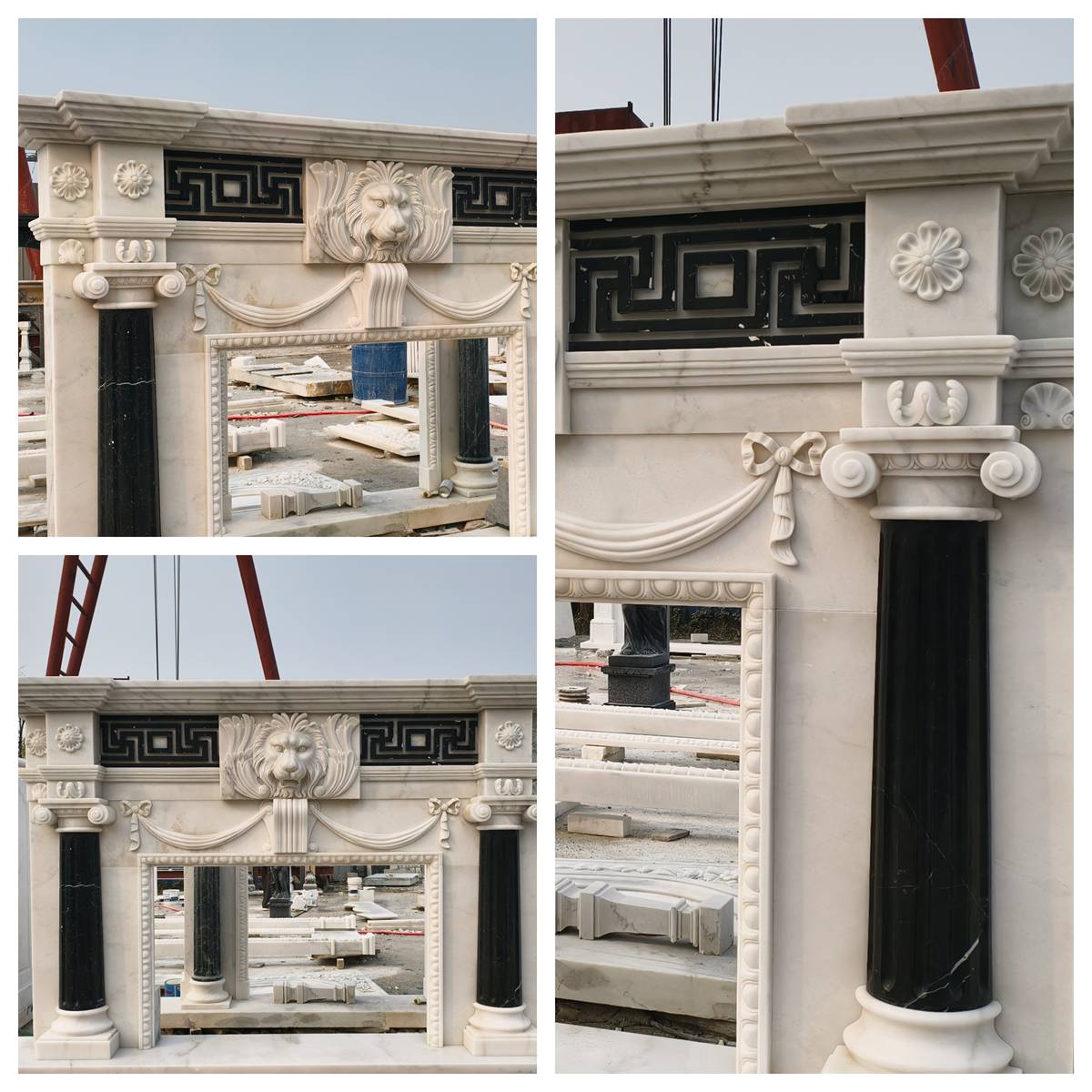 details of Neoclassical Lion Head Marble Fireplace Mantel