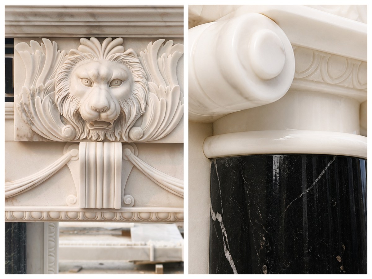 details of Neoclassical Lion Head Marble Fireplace Mantel