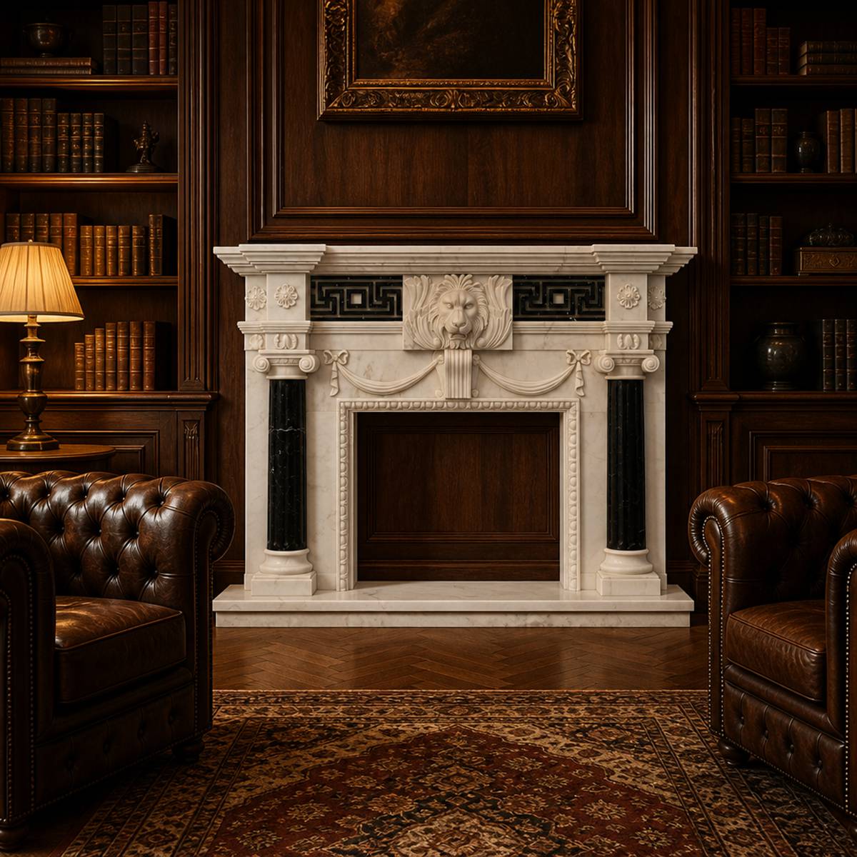 Neoclassical Lion Head Marble Fireplace Mantel