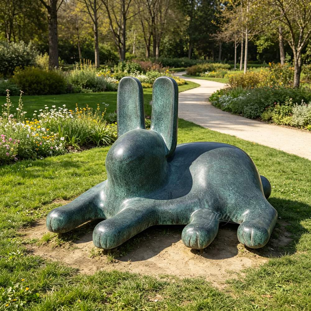 Reclining Bronze Hare Sculpture In Garden
