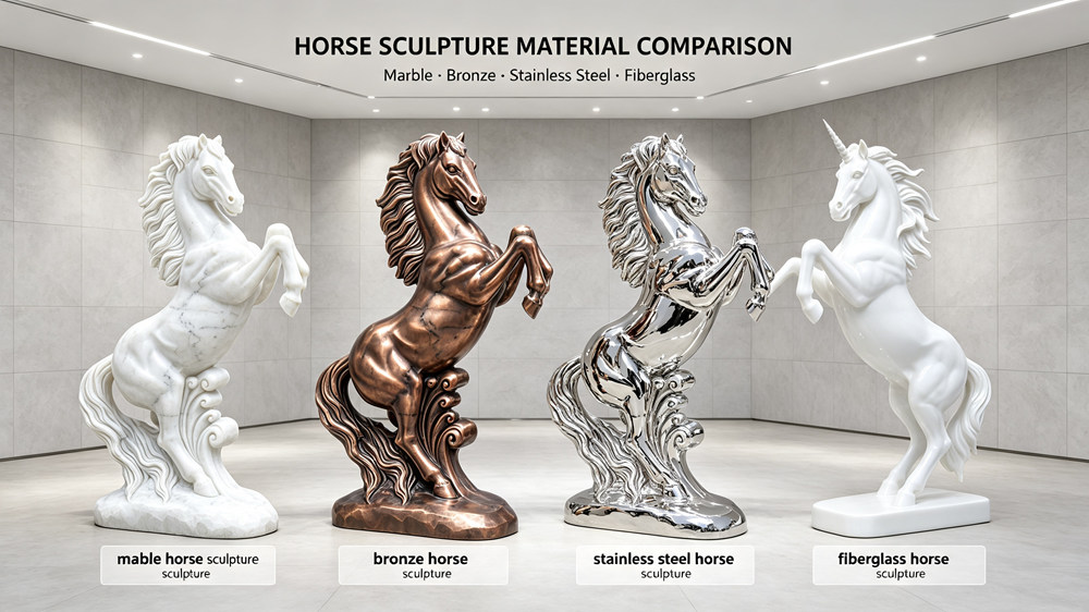 Paardensculptuur gemaakt van vier verschillende materialen.