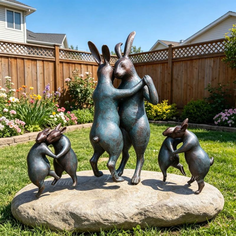 Bronzen beeld van dansende konijntjes voor in de tuin