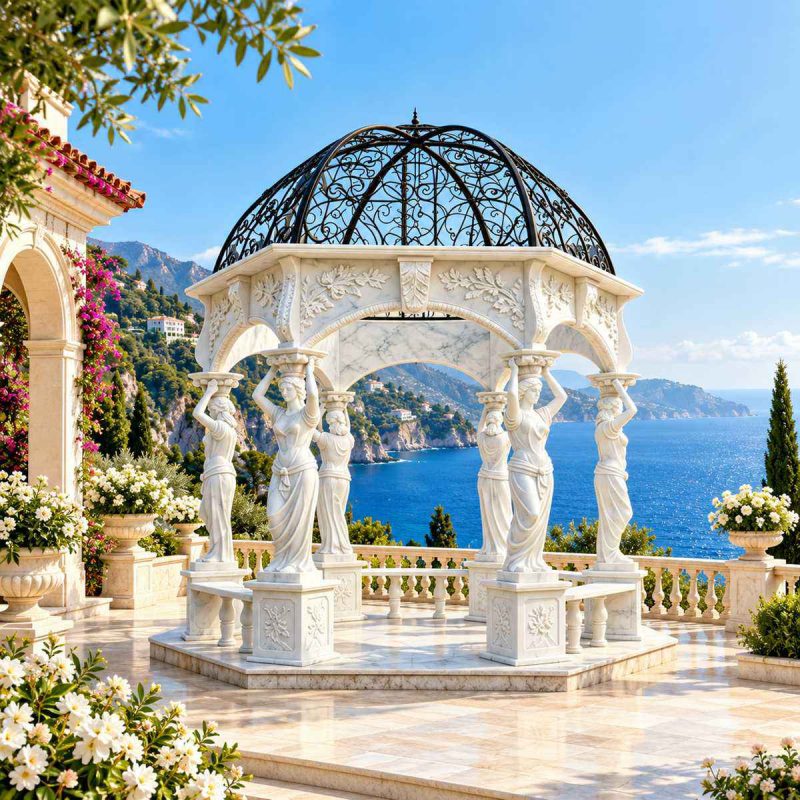 Classical Garden Pavilion with Sculpted Maidens and Wrought Iron Dome