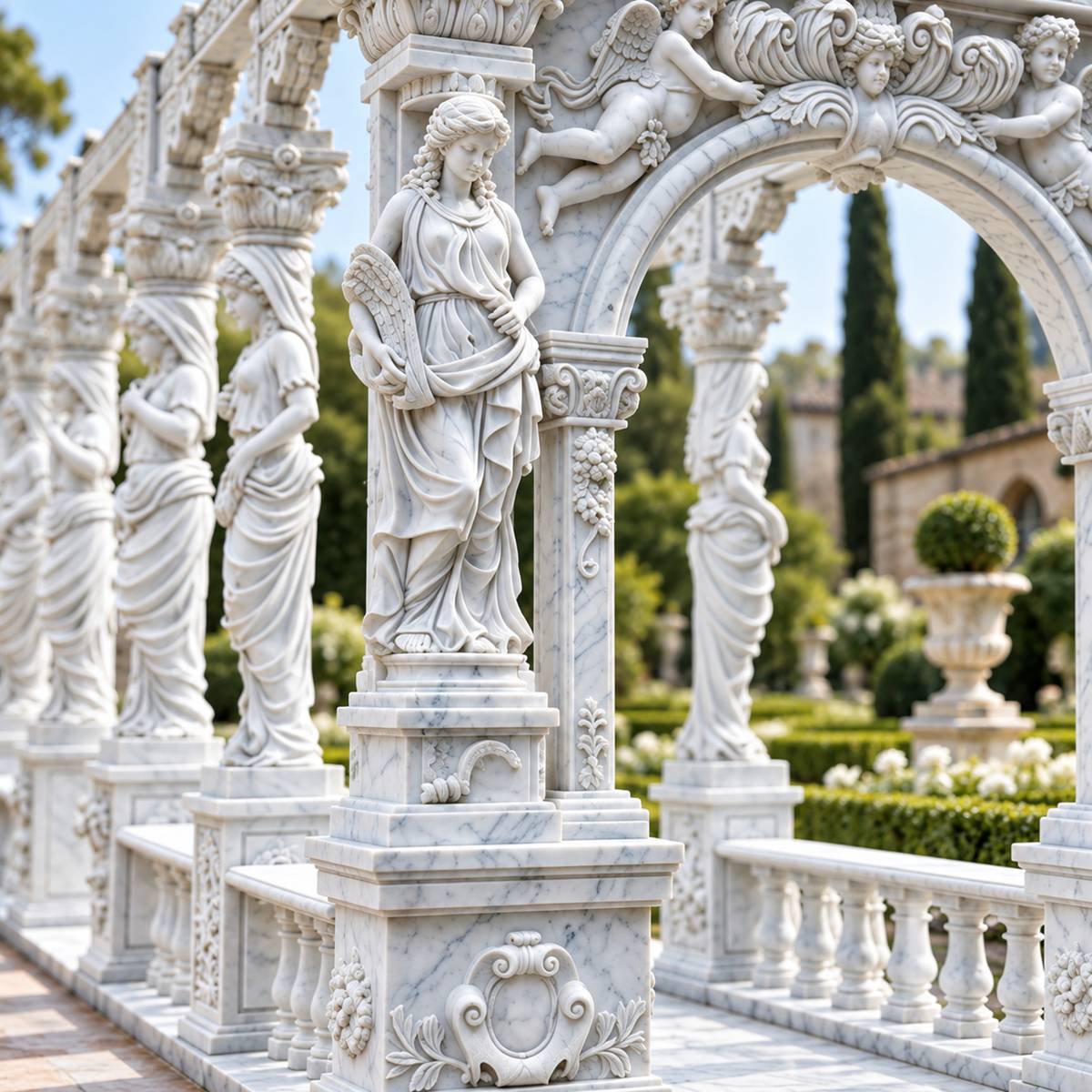 Pérgola de jardín clásica con figuras de doncellas y querubines esculpidos en relieve.