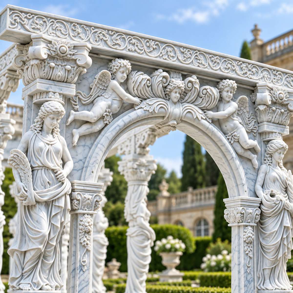 Pérgola de jardín clásica con figuras de doncellas y querubines esculpidos en relieve. 