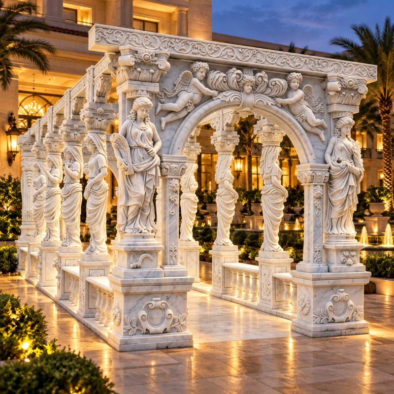 Pérgola de jardín clásica con figuras de doncellas y querubines esculpidos en relieve.