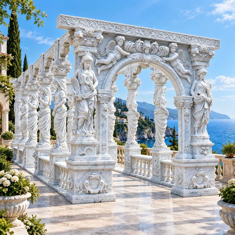 Pérgola de jardín clásica con figuras de doncellas y querubines esculpidos en relieve.