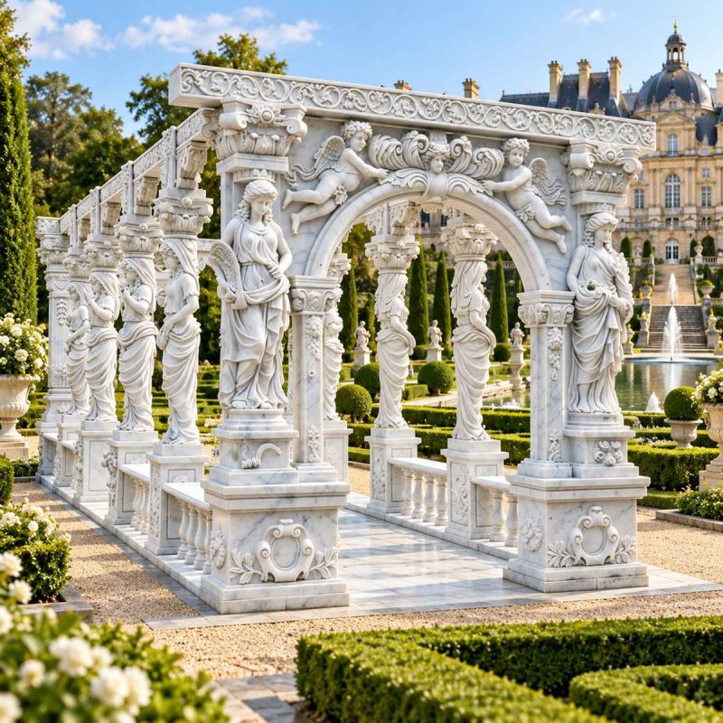 Pérgola de jardín clásica con figuras de doncellas y querubines esculpidos en relieve.