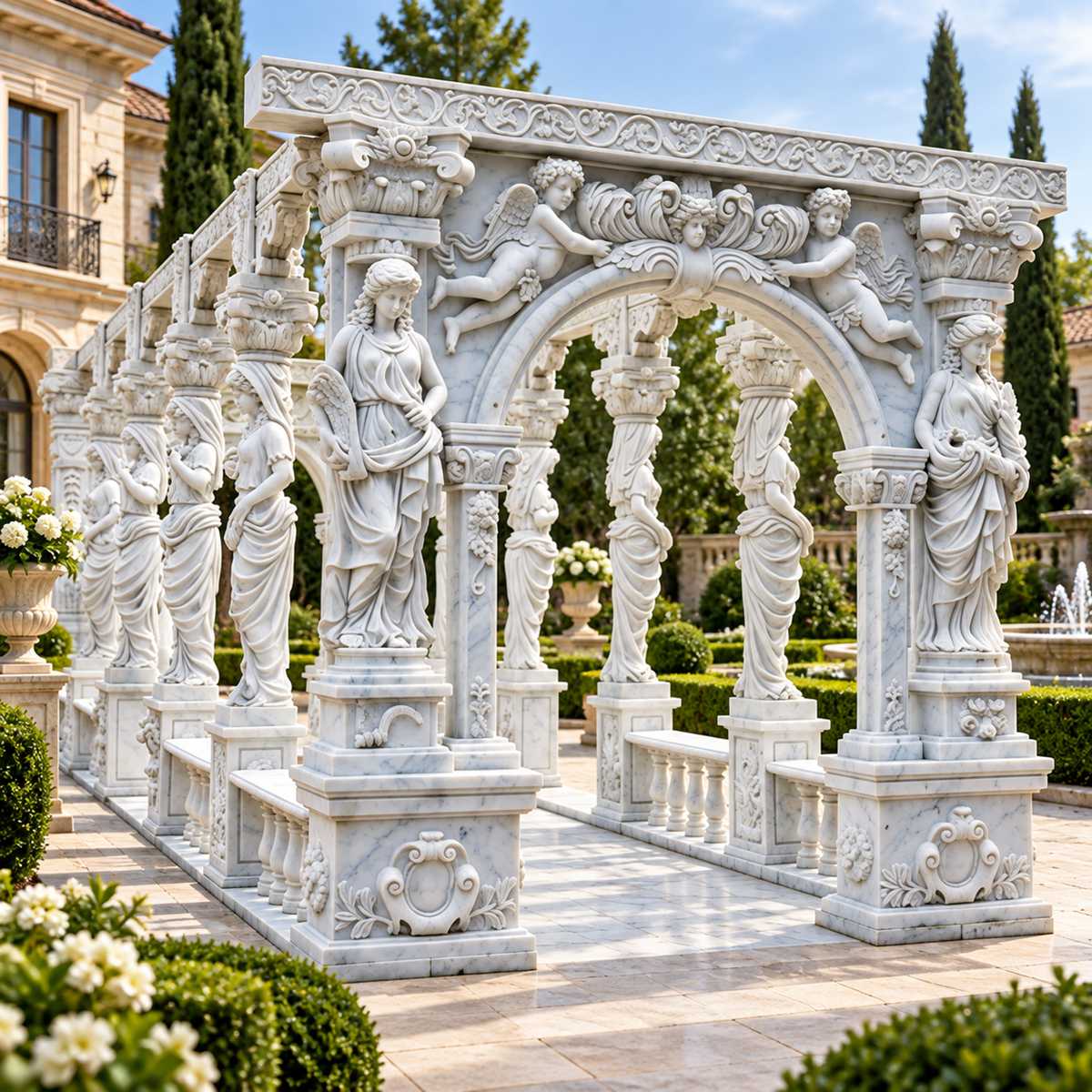 Pérgola de jardín clásica con figuras de doncellas y querubines esculpidos en relieve.