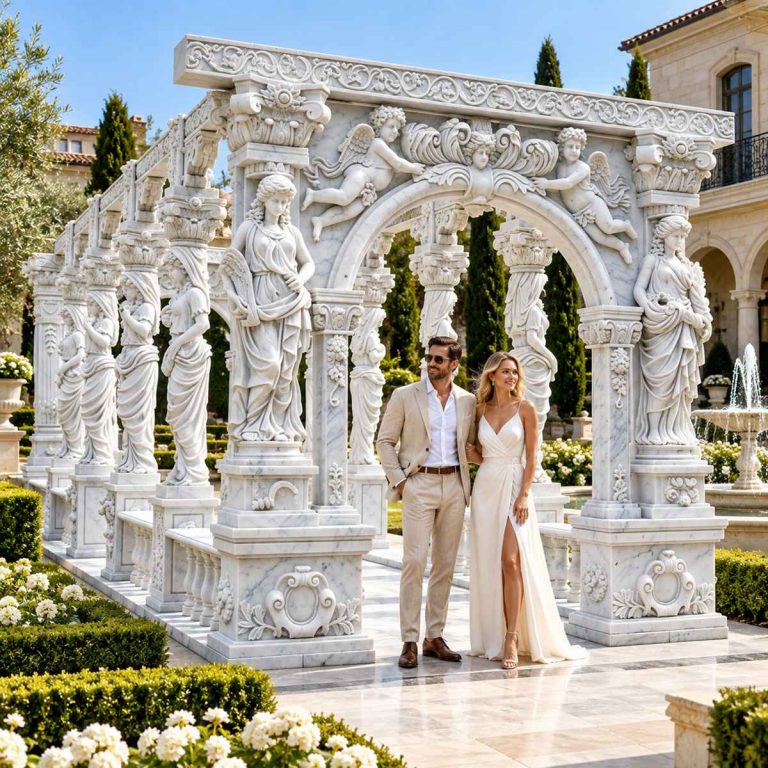 Classical Garden Pergola with Sculpted Maidens and Cherub Reliefs