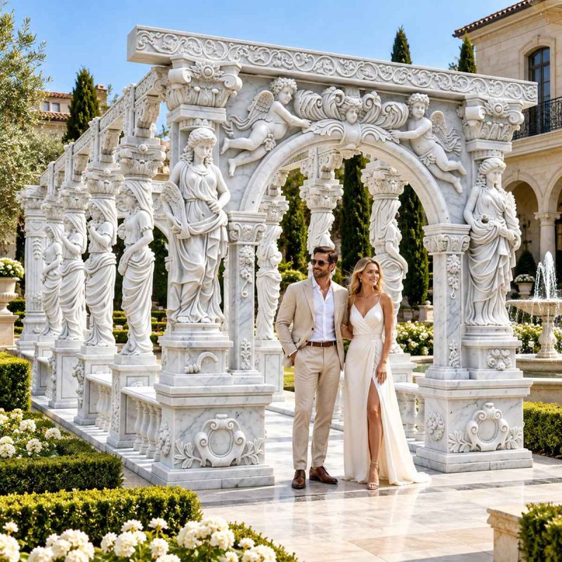 Classical Garden Pergola with Sculpted Maidens and Cherub Reliefs