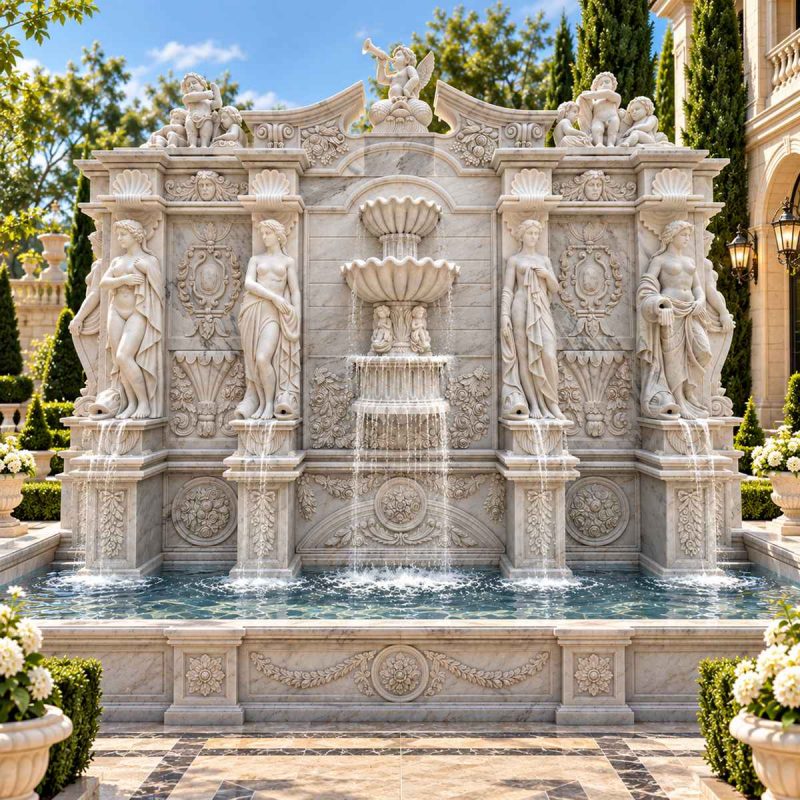 Classical Water Wall Fountain with Four Maiden Statues and Cherubs