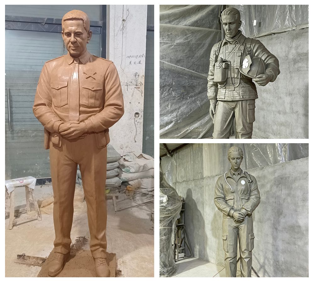Clay model process of custom firefighter, police officer, and paramedic statues