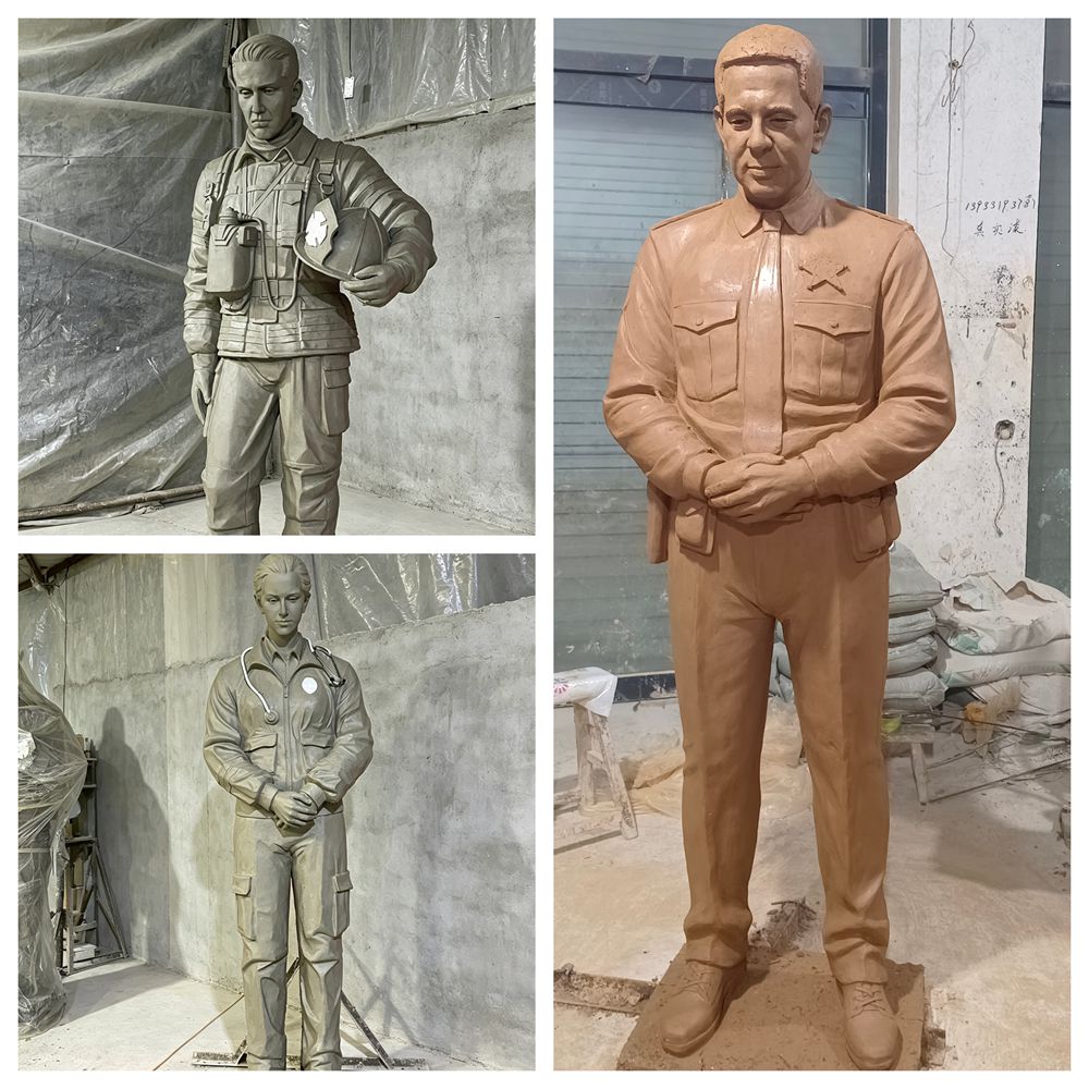 Tonmodellierungsprozess für individuell angefertigte Bronzestatuen von Feuerwehrleuten, Polizisten und Sanitätern für das Eagle Scout-Gedenkprojekt der Boy Scouts of America