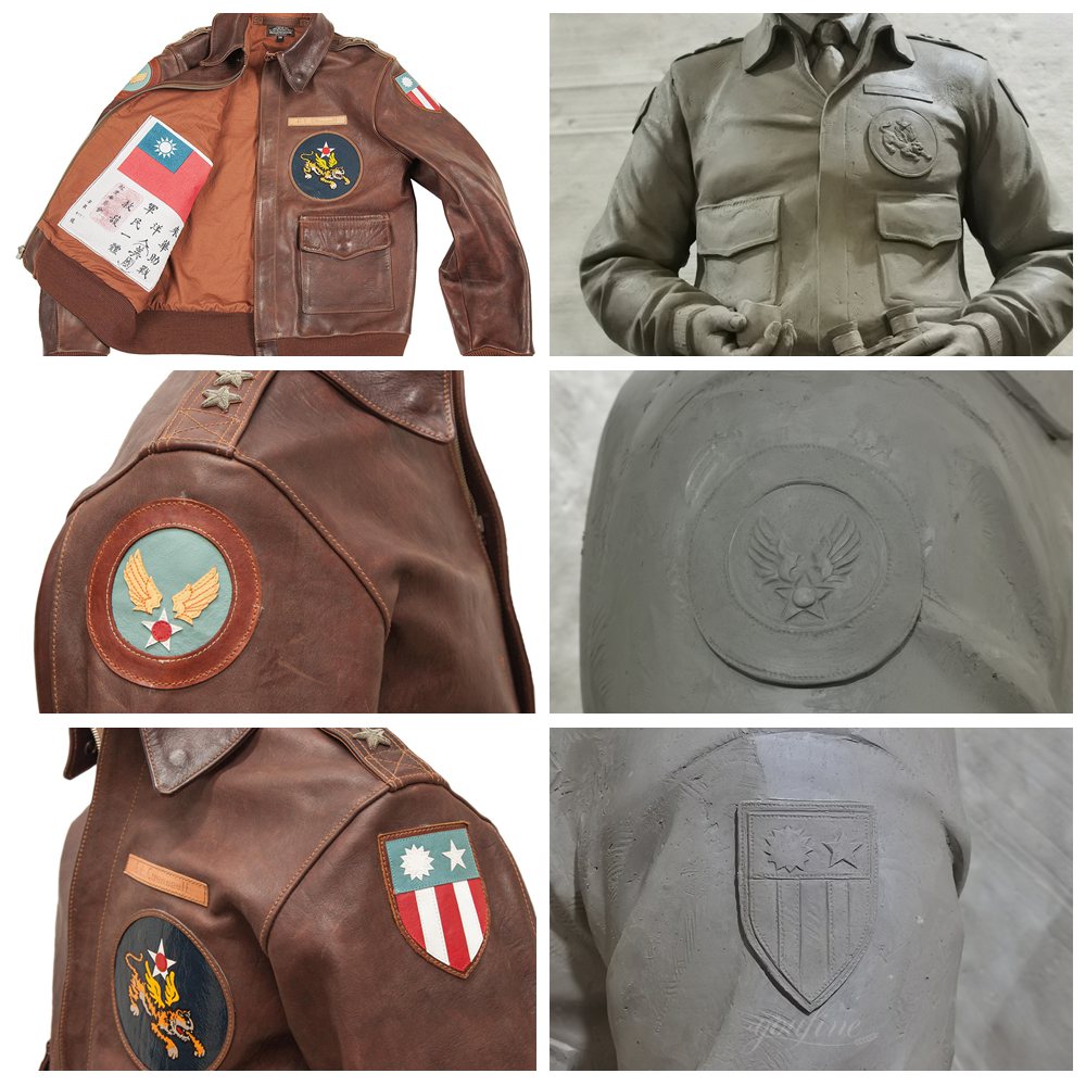 Tonmodell der Fliegerjacke von General Chennault mit Abzeichen der Flying Tigers und Schulterklappendetails im Vergleich zur Originaljacke