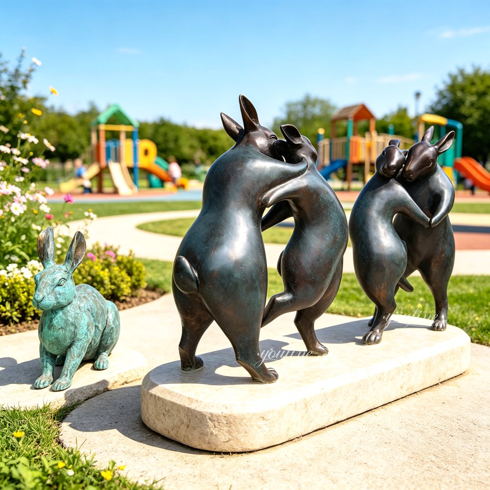 Standbeeld van dansende konijntjes voor pretpark