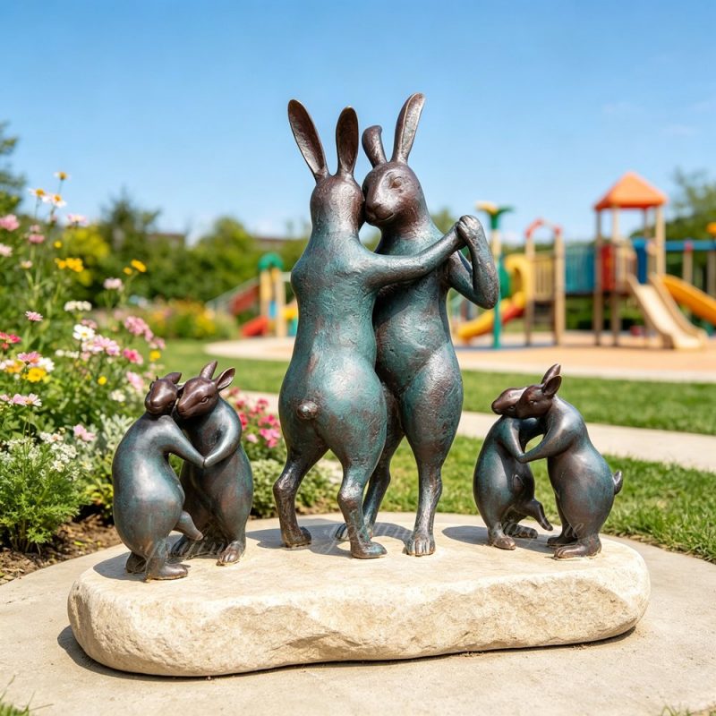 Standbeeld van dansende konijntjes voor in de tuin en voor een pretpark.