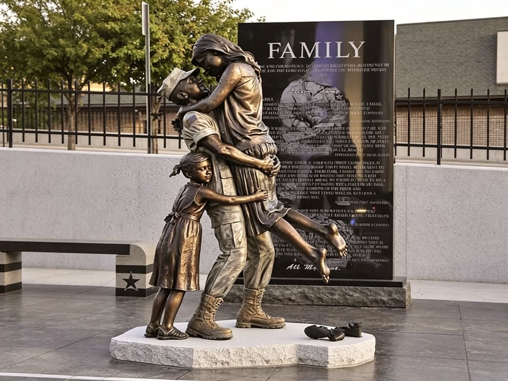 bronze soldier memorial statue in private garden