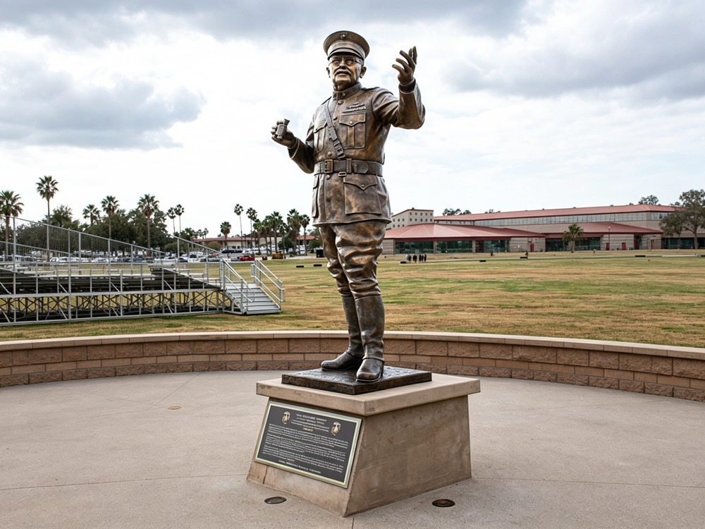 bronze military statue at military academy entrance