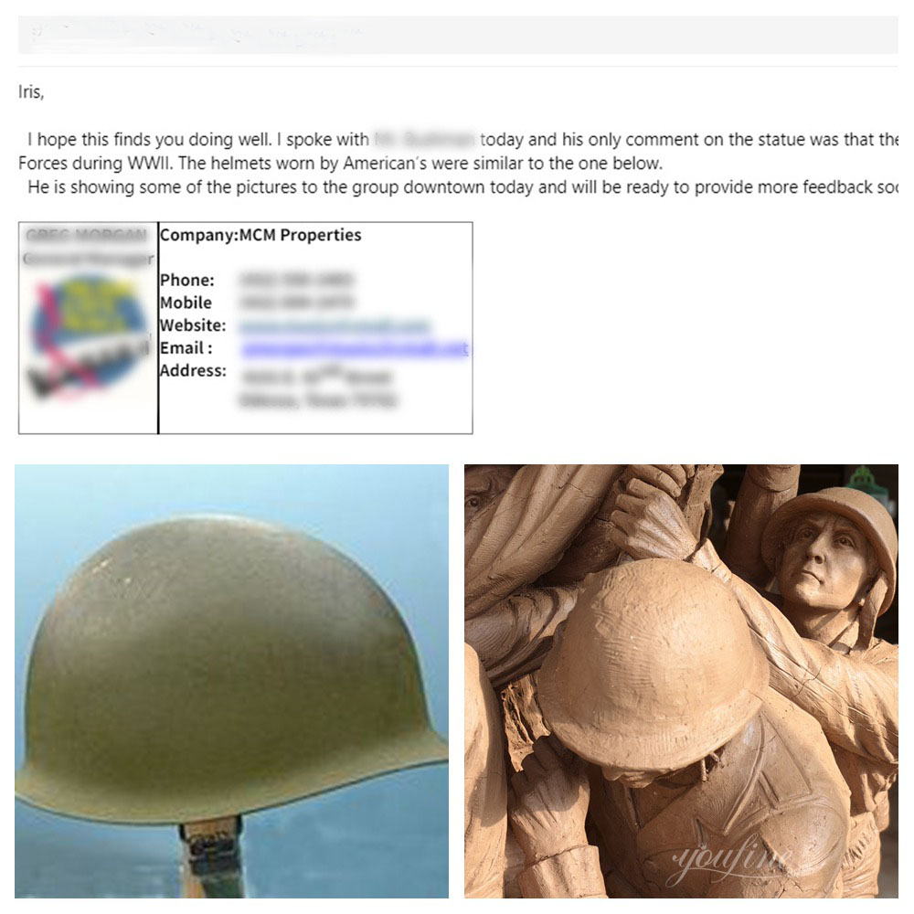 Echte E-Mail-Korrespondenz mit einem Kunden über die Anpassung der Genauigkeit eines Helms aus dem Zweiten Weltkrieg für eine maßgefertigte Bronzestatue des Marine Corps.