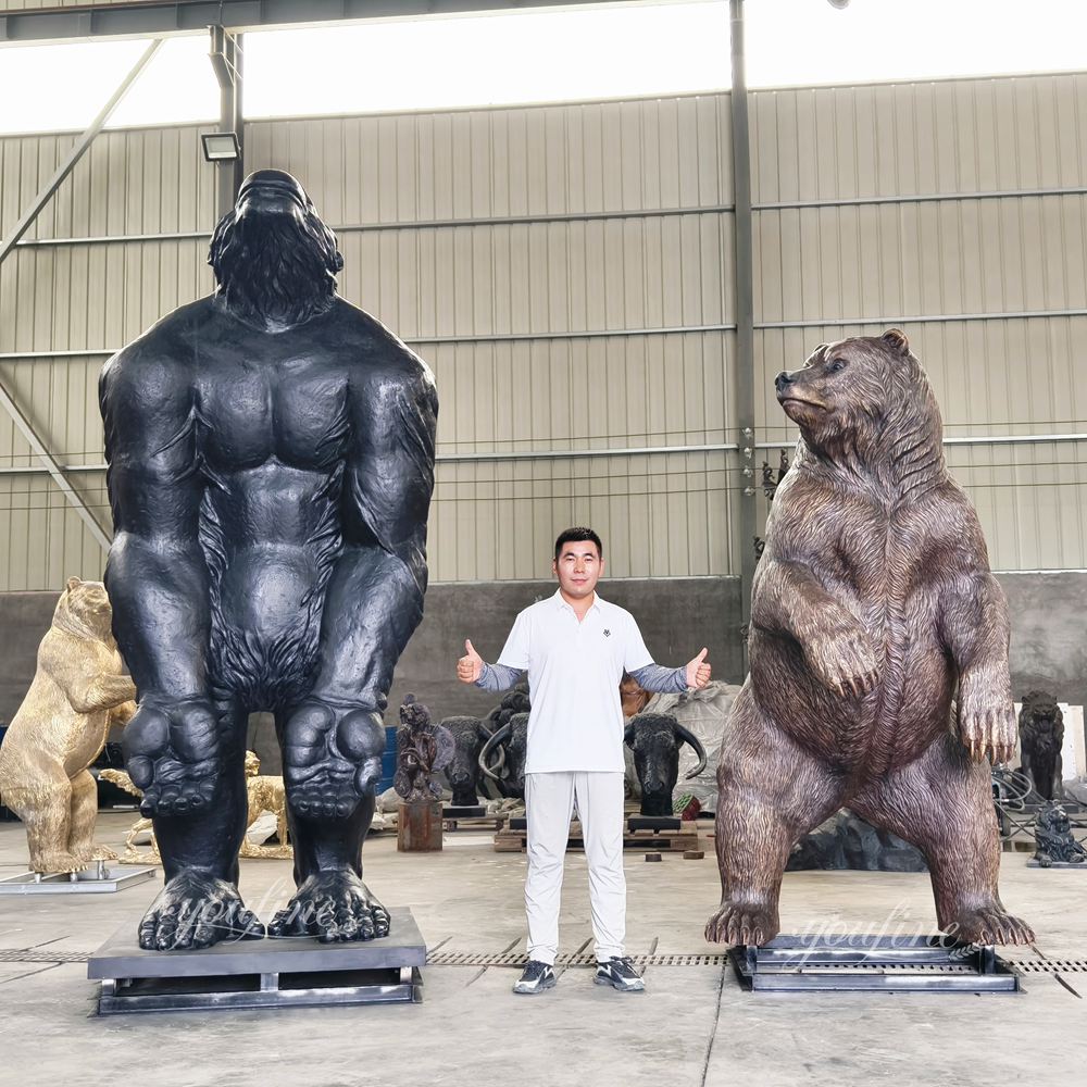 Standing gorilla sculpture patinated finish
