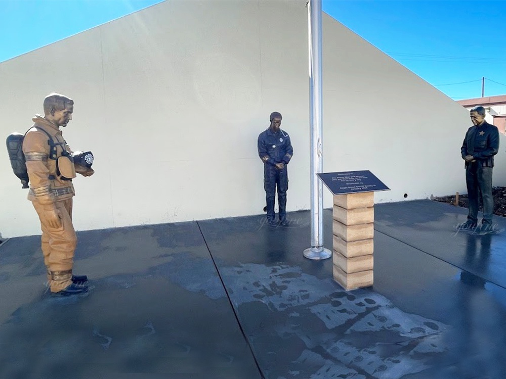 three figure bronze first responder memorial sculpture in Los Angeles California