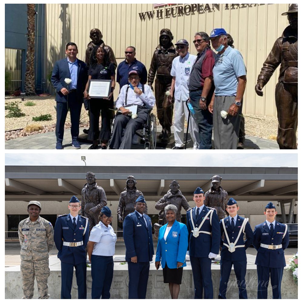 Mitglieder der Tuskegee Airmen posieren mit fertigen Bronze-Gedenkstatuen.
