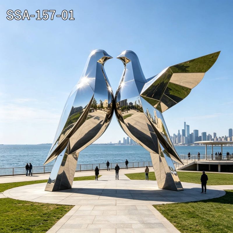 geometric stainless steel pigeon sculpture