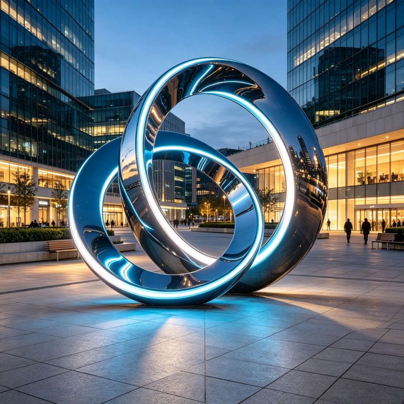 illuminated interlocking rings sculpture