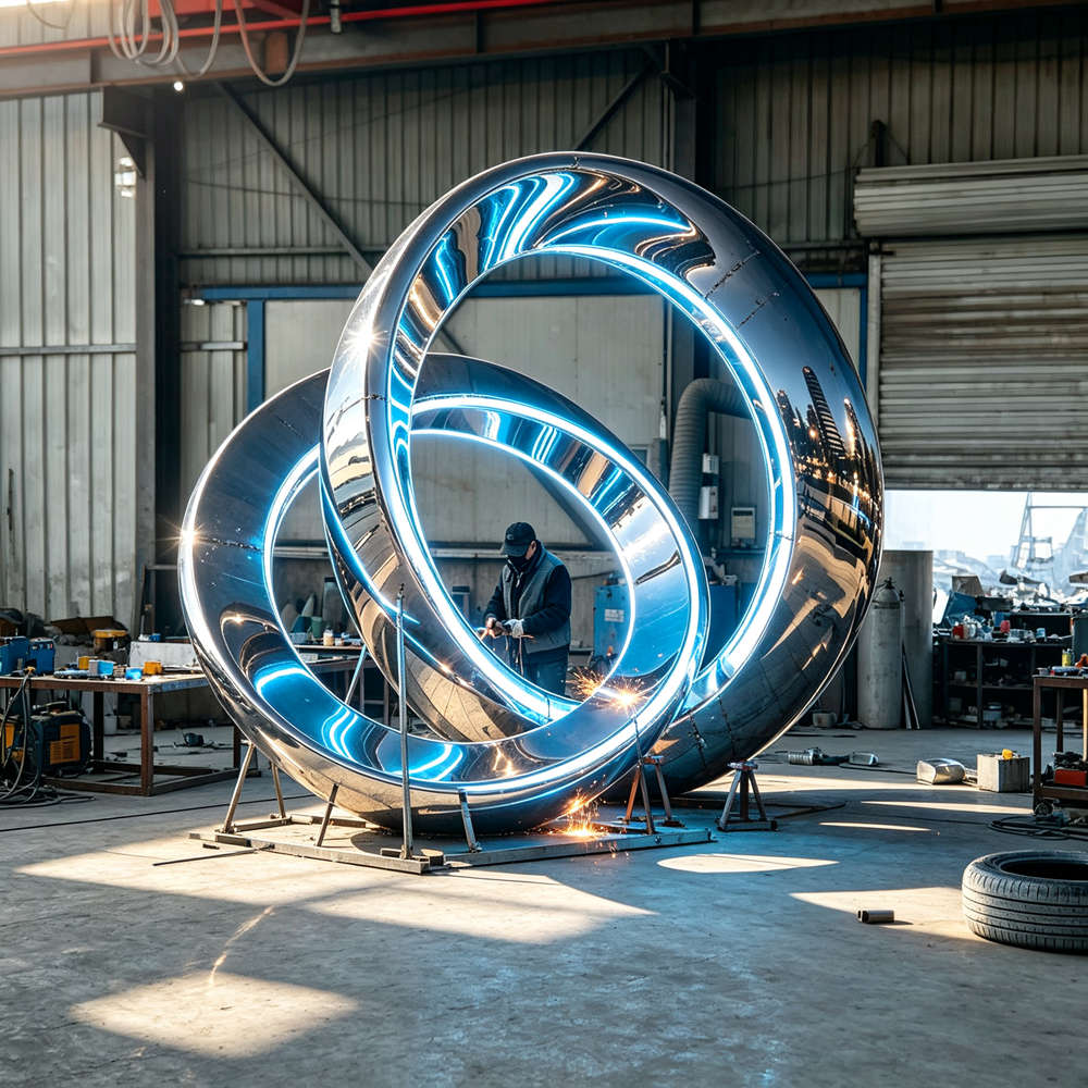 interlocking rings sculpture in production