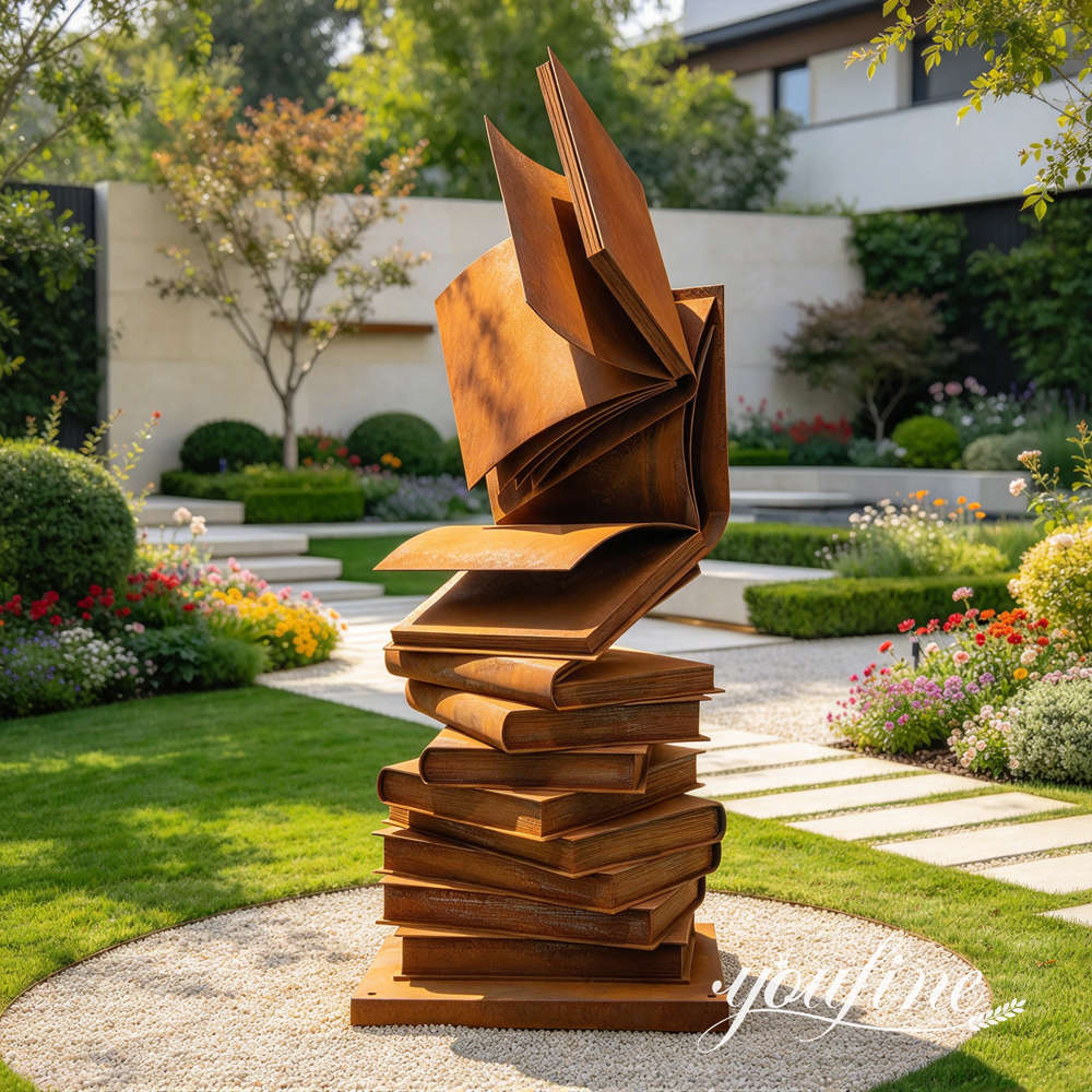 weathering steel abstract book sculpture